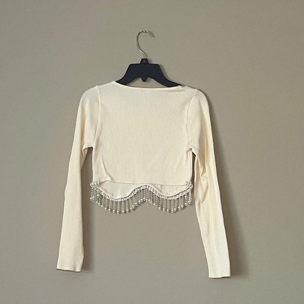 ZARA Cream Ribbed Cropped Long‎ Sleeve Top Beaded Fringe Size S